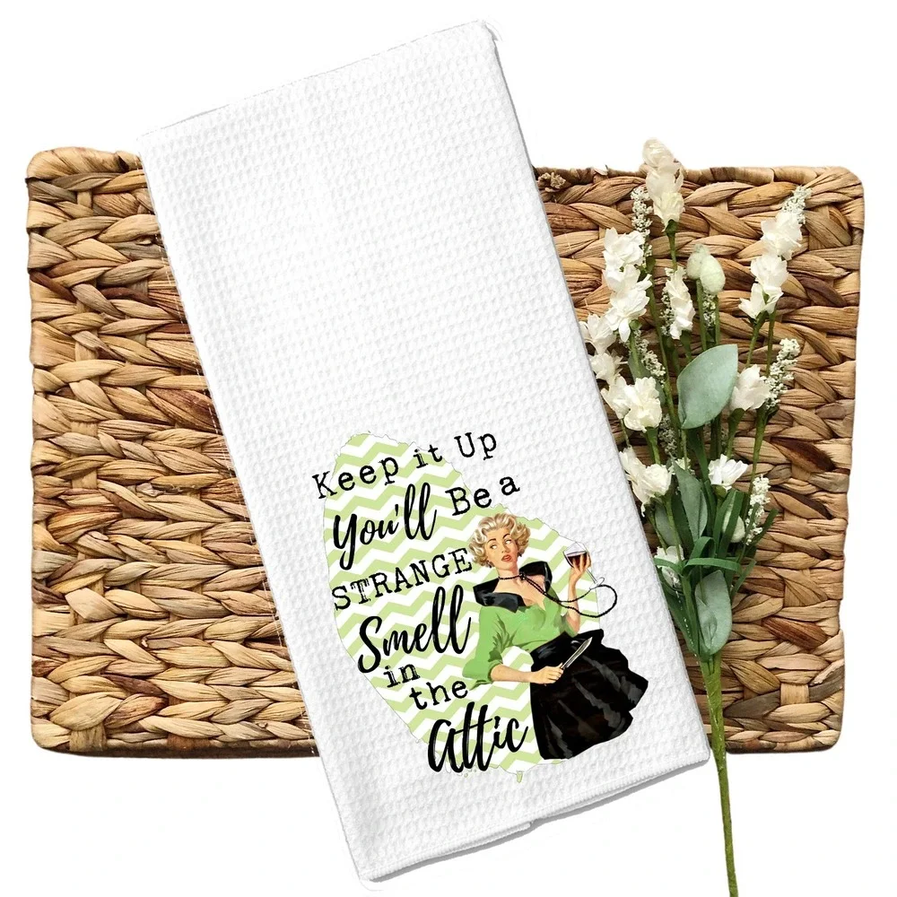 Retro Humor Waffle Weave Kitchen Towel Strange Smell in the Attic White Green